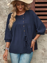 EMERY ROSE Loose Pleated Round Neck Women's Casual Summer Top Shirt, 3/4 Sleeve